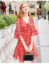 Autumn lacing V neck Floral Shift Dress